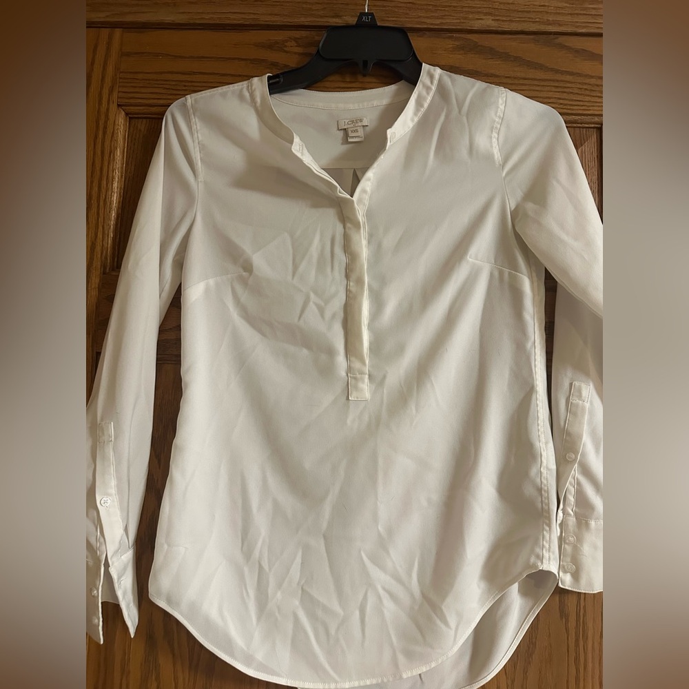 Womena JCrew White Long-Sleeve Split-Neck Blouse size XXS